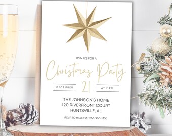 Elegant Christmas Party Invitation, Neutral Invite, Editable Canva Template, Modern Holiday Gathering Invite