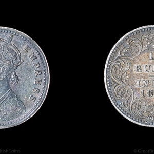 Genuine British Indian 1891 Queen Victoria Silver Quarter Rupee Coin, Victorian Coins, History Gifts
