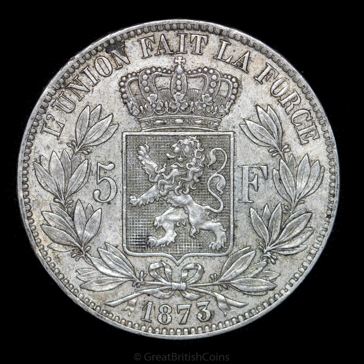 1873年 ベルギー レオポルド2世 5フラン銀貨 XF ベルギー 1873年