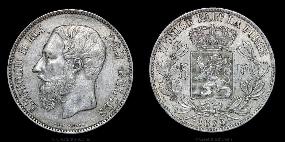 1873年 ベルギー 5フラン レオポルド2世 ベルギー 1873年 5フラン銀貨 レオポルド2世 | ミスターコインズ