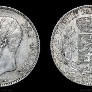 1873 Belgium Leopold II Large 5 Franc Silver Coin