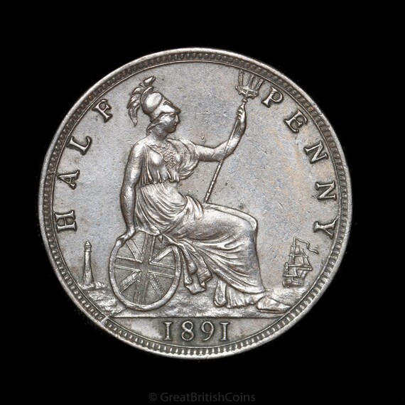 ヴィクトリア女王1891年ハーフペニー硬貨、古いイギリスの硬貨 