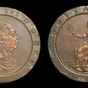 Alte englische Zwei Penny Münze 1797 König George III Kupfer Karrenrad Zweirad