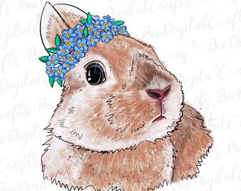 Bunny with flower PNG download Watercolor cute animal sublimation design Hand drawn Easter printable transfer