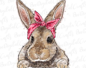 Easter bunny with bandana PNG download Watercolor cute animal sublimation design Hand drawn rabbit printable transfer