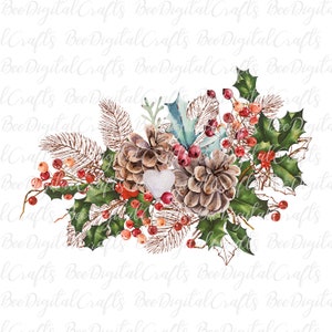 May include: A watercolor illustration of a winter holiday arrangement featuring pine cones, holly, and red berries. The arrangement is set against a white background.