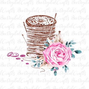 May include: A spool of brown thread with a needle and a pink rose with green leaves. The spool of thread has a glitter texture. The rose has a watercolor effect.
