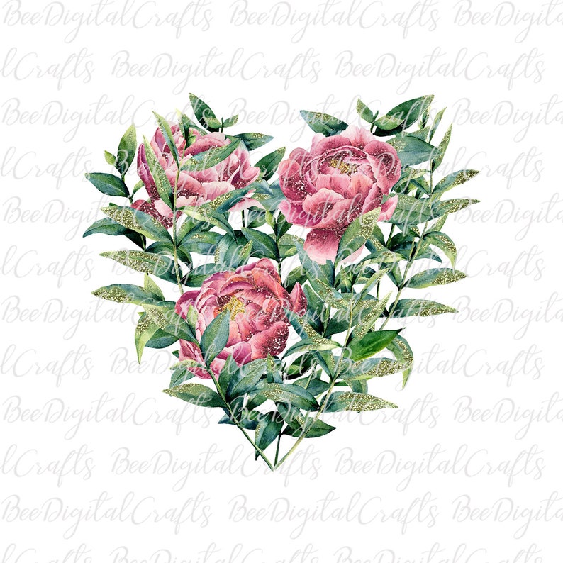 May include: A heart-shaped arrangement of pink peonies with green leaves and gold glitter accents.