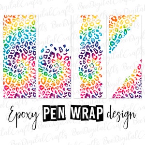 Könnte beinhalten: Drei digitale Designs für Stiftverpackungen mit einem Regenbogen-Leopardenmuster. Der Text "Epoxy PEN WRAP design" befindet sich am unteren Rand des Bildes.