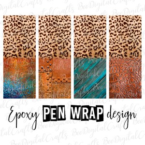 Könnte beinhalten: Vier digitale Designs für Stiftverpackungen mit einem Leopardenmuster oben und verschiedenen Texturen unten. Die Texturen umfassen rostiges Metall, türkisfarbenes Holz und braunes Leder. Der Text "Epoxy PEN WRAP design" befindet sich unten im Bild.