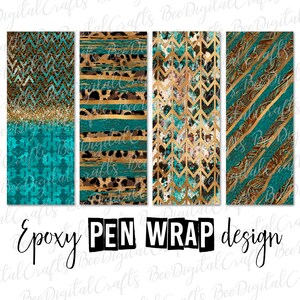 Könnte beinhalten: Vier digitale Designs für Stiftverpackungen in einem Türkis- und Goldfarbschema. Die Designs umfassen ein Chevron-Muster, einen Leopardenprint, ein geometrisches Muster und ein gestreiftes Muster. Der Text "Epoxy PEN WRAP design" befindet sich am unteren Rand des Bildes.