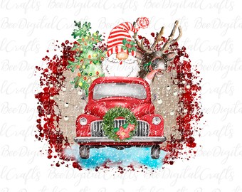 May include: A red vintage truck with a Christmas wreath on the front, carrying a gnome and a reindeer. The truck is surrounded by a red and white splattered background with a burlap texture.