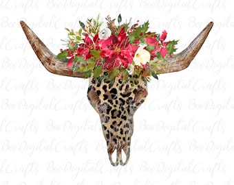 Christmas bull skull PNG sublimation design Leopard print boho PNG sublimation Floral skull digital design