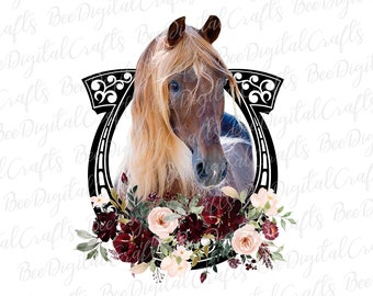 Horse with flower PNG download Farm animal sublimation design Floral horse and horseshoe printable transfer