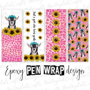Könnte beinhalten: Drei digitale Stift-Wrap-Designs mit einer Ziege mit einer Sonnenblumenkrone und einem rosafarbenen Leopardenmuster-Hintergrund. Das mittlere Design enthält den Text "Just a girl who loves goats".