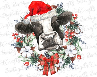 Christmas cow PNG download Farm animal with flower wreath sublimation design Watercolor printable transfer