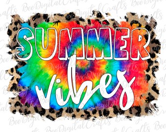 May include: A colorful tie-dye background with a leopard print border. The text "SUMMER VIBES" is written in white on the background.