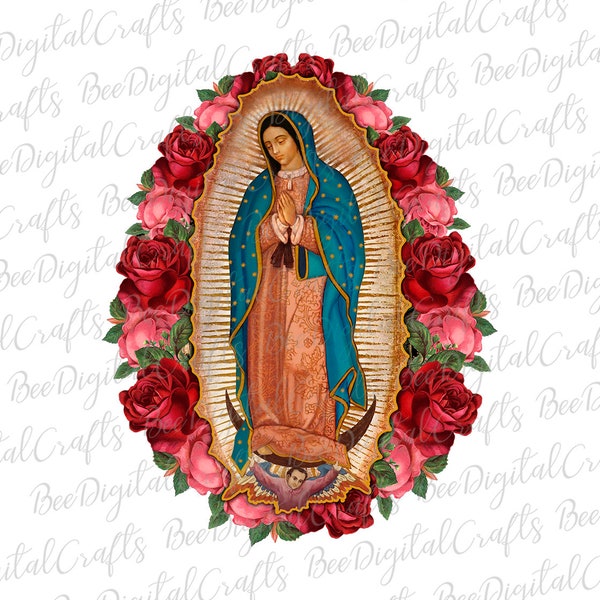 Virgen María con ángel y flor diseño de sublimación Nuestra Señora de Guadalupe PNG descargar Floral Virgen de México descarga digital