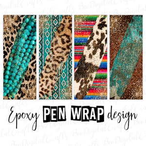 Könnte beinhalten: Vier digitale Designs für Stiftverpackungen mit verschiedenen Mustern, darunter türkisfarbener und goldener Glitzer, Leopardenmuster, Kuhfell und ein farbenfroher mexikanischer Sarape. Der Text "Epoxy PEN WRAP design" befindet sich am unteren Rand des Bildes.