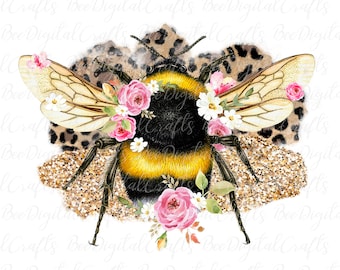 Bee floral PNG sublimación descargar Glitter leopard con flor PNG diseño de sublimación