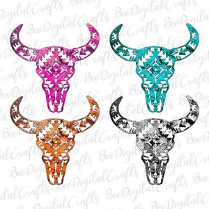 May include: Four digital designs of a bull skull with a geometric pattern. The skulls are in pink, turquoise, orange, and gray.