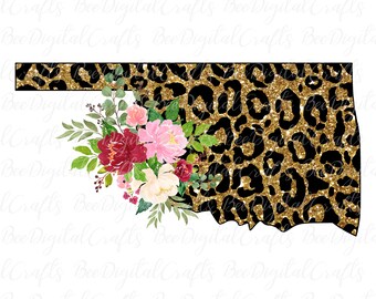 Oklahoma sublimation design Leopard print PNG download USA states clipart Oklahoma map PNG digital transfers