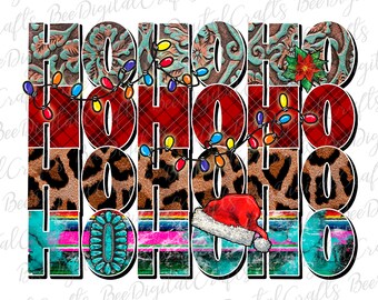 May include: A digital design featuring the word "HO HO HO" in a festive Christmas style. The letters are decorated with various patterns, including plaid, leopard print, turquoise and white stripes, and a southwestern design. The design also includes a string of Christmas lights and a Santa hat.