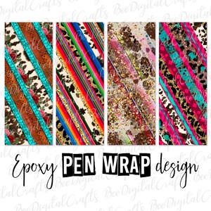 Könnte beinhalten: Vier digitale Designs für Stiftverpackungen. Die Designs zeigen eine Vielzahl von Mustern, darunter Streifen, Tiermuster und Glitzer. Der Text "Epoxy PEN WRAP design" ist unten im Bild sichtbar.