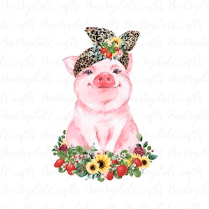 Strawberries and flowers pig in bandana PNG download Watercolor farm animal sublimation design