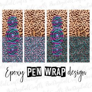 Könnte beinhalten: Drei digitale Designs für Stiftverpackungen mit einem Leopardenmuster mit türkisfarbenen und rosafarbenen Kreisen. Der Text "Epoxy PEN WRAP design" befindet sich am unteren Rand des Bildes.