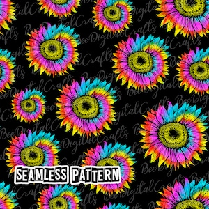 SEAMLESS pattern tie dye sunflower Rainbow flower digital fabric design Colorful and black printable PNG paper download