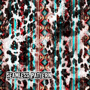 May include: Seamless pattern featuring a white and black animal print with turquoise, red, and gold geometric shapes. The pattern is on a black background and has a distressed, watercolor effect. The text "SEAMLESS PATTERN" is at the bottom of the image.