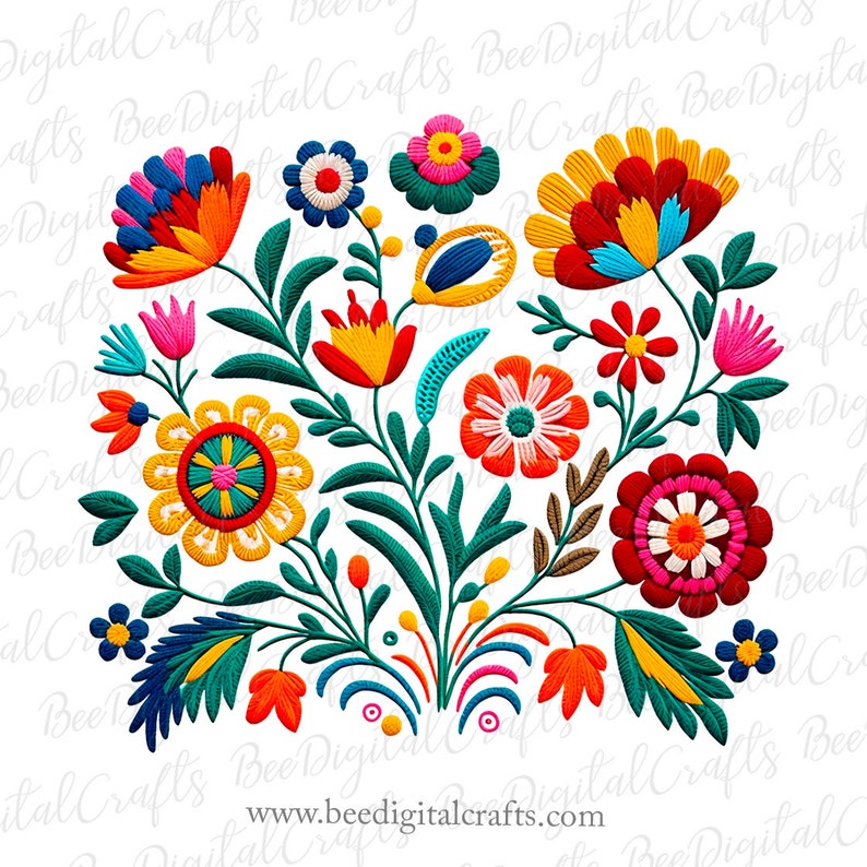 May include: A vibrant floral embroidery design featuring a variety of colorful flowers and leaves. The design includes red, yellow, blue, and pink flowers with green foliage. The text "Bee Digital Crafts" and website address are visible.