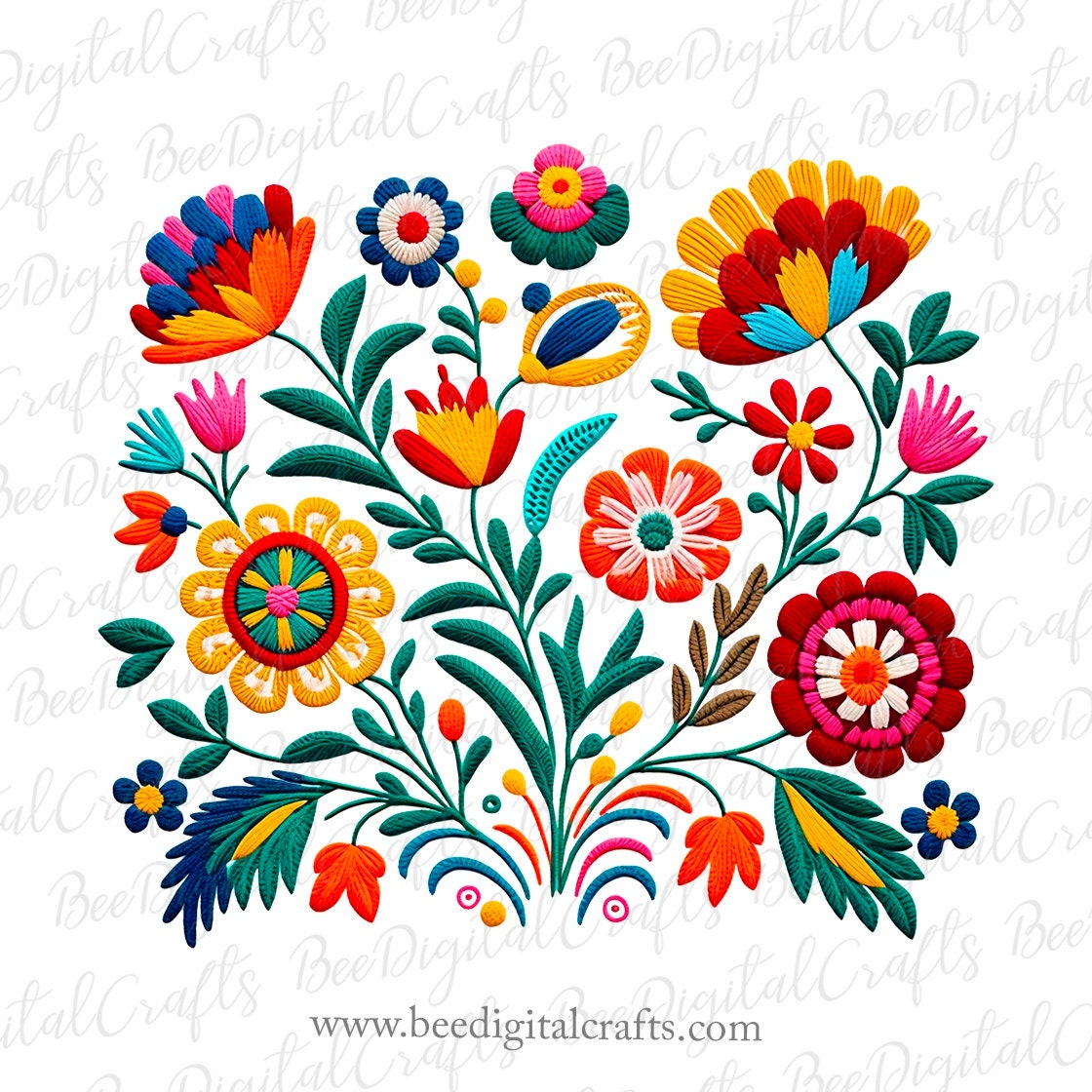 Mexican flowers Faux embroidery T shirt design PNG digital download Floral pattern Sublimation design Clipart printable transfer
