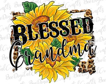 Blessed grandma sublimation design Leopard sunflower PNG download Hand drawn flower printable transfer