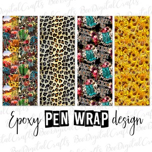Könnte beinhalten: Vier digitale Designs für Epoxid-Stiftverpackungen. Die Designs zeigen eine Wüstenlandschaft mit Kakteen, einen Leopardenprint, ein Blumenmuster mit dem Text "Kick the Dust Up" und ein Sonnenblumenmuster.