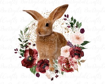 Coelhinho da Páscoa PNG download Coelho aquarela com design de sublimação de guirlanda floral Coelho fofo transferências PNG Download digital