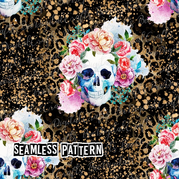 Art &amp; Collectibles Boho Skulls Digital Paper seamless floral skull ...