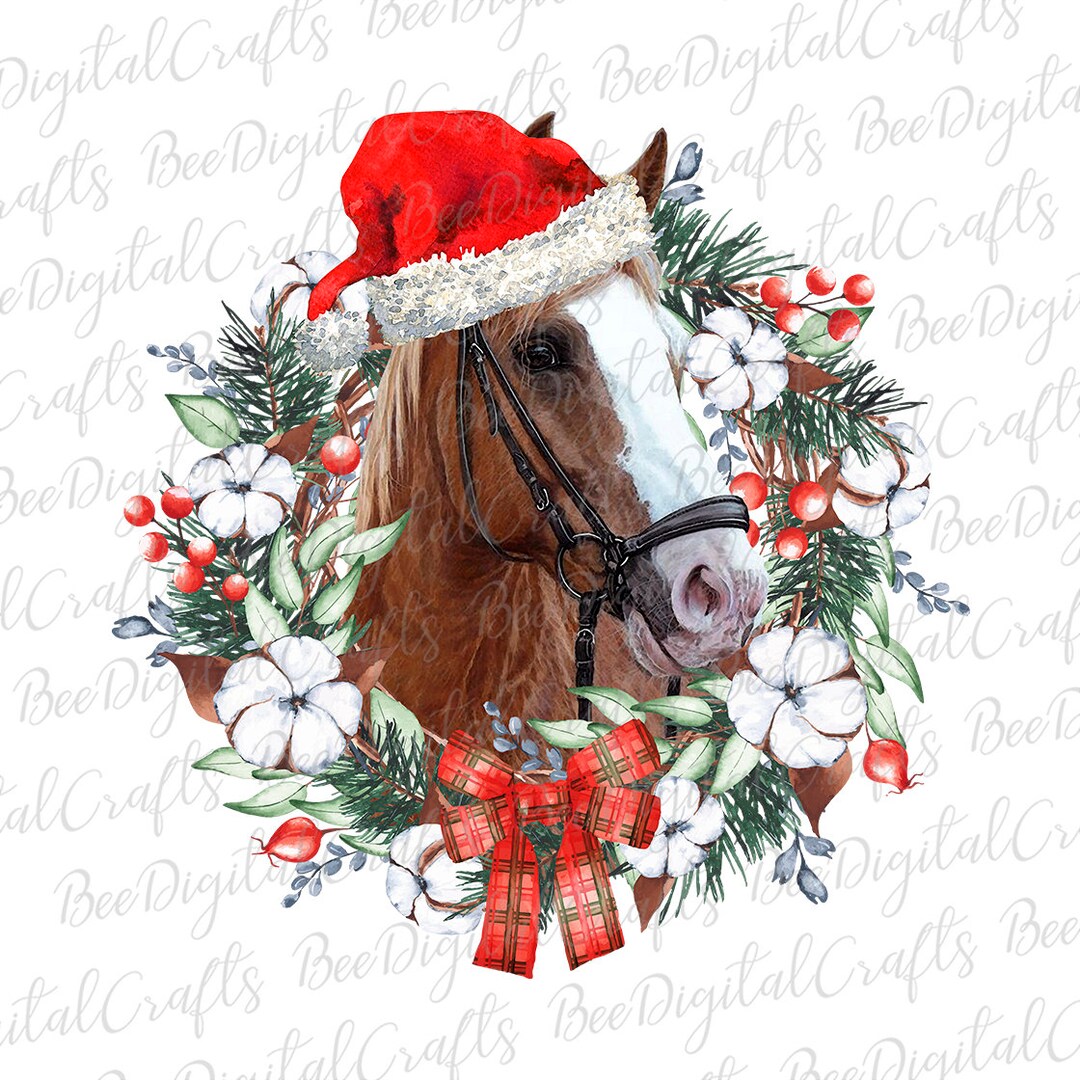 Christmas Horse PNG Download Farm Animal With Flower Wreath Sublimation ...