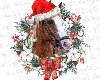 Christmas horse PNG download Farm animal with flower wreath sublimation design Watercolor printable transfer