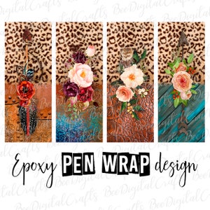 Könnte beinhalten: Vier digitale Designs für Epoxidharz-Stiftverpackungen. Jedes Design zeigt ein anderes Muster: Leopardenmuster, Kunstleder, türkisfarbenes Holz und ein Blumenarrangement. Der Text "Epoxy PEN WRAP design" befindet sich am unteren Rand des Bildes.