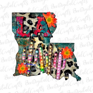 Louisiana Gepard rustikale Sublimation Design Kaktus Blume PNG herunterladen USA Zustand Karte druckbare Transfer