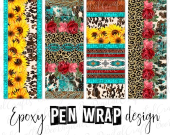 Western rustic pen wrap template Sunflower and rose ink joy wrap download Cowhide leopard pen wrap PNG digital design