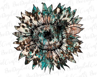 Sunflower PNG download Western sublimation design Rustic cowhide printable transfer, digital prints