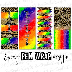 Könnte beinhalten: Vier digitale Designs für Stiftverpackungen mit einem Regenbogen-Batik-Hintergrund mit Leoparden-, Zebra- und Goldglitter-Akzenten. Der Text "pride" wird auf einem der Designs wiederholt.