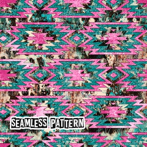 SEAMLESS pattern grunge cowhide Aztec hot pink digital fabric design Western turquoise printable paper download