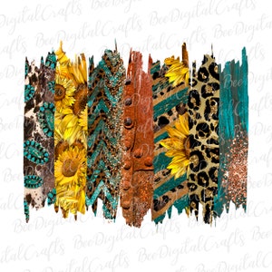May include: A digital collage of various patterns and textures, including turquoise, brown, gold, and black. The patterns include animal print, chevron, and glitter. There are also sunflowers in the collage.