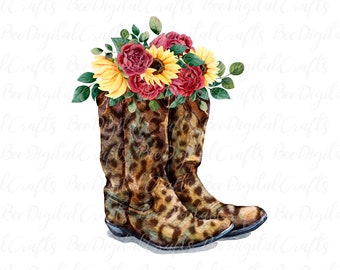 Leopard boots with sunflower PNG download Western sublimation design Cowgirl floral PNG transfer, Watercolor digital download