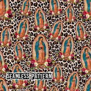 MOTIVO SENZA CUCITURE Vergine Maria con stampa leopardata Our Lady of Guadalupe design tessuto digitale Madre Mary carta stampabile PNG download