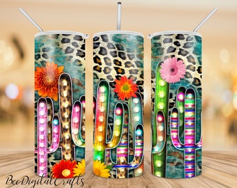 NAADLOZE rustieke luipaardcactus met bloem tumbler sublimatie ontwerp, 20 OZ magere tumbler PNG-bestand, digitale prints